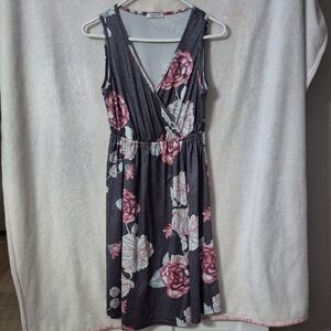 Elegant Floral Midi Dress - Charcoal and Rose